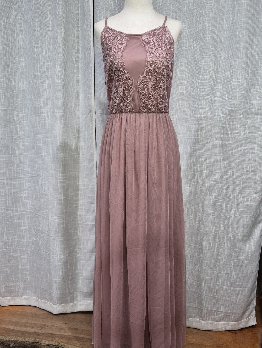 Mauve Lace & Tulle Spaghetti Strap Maxi Dress